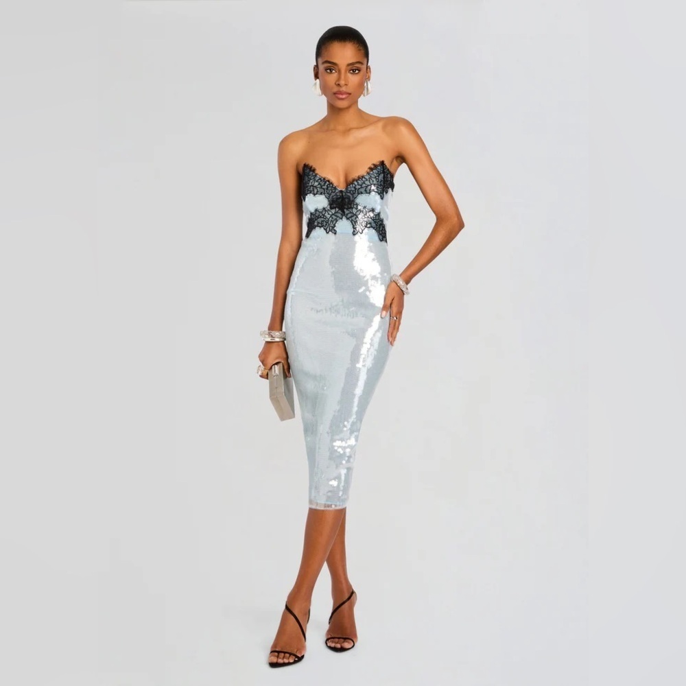 Retrofete Ellen Sequin Dress Midi Icy Blue Strapless - Picture 7 of 11